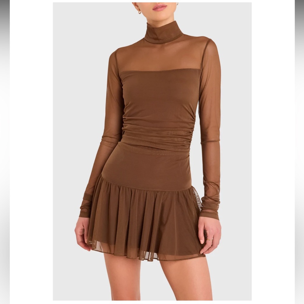 Amanda Uprichard Brown Long Sleeve Mesh Mini Dress - Picture 5 of 13